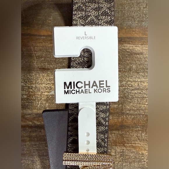 Michael Kors Sz LG Brn Blk Reversible MK Logo Belt w/Rhinestone Gold Buckle NWT main image 7